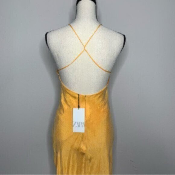 NWT Zara Tangerine Satin Effect Ruched Detail Slip Midi Dress - Picture 7 of 10